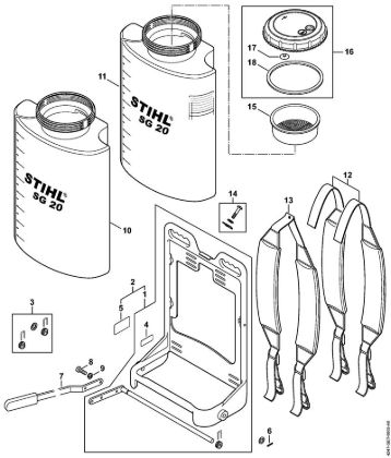 Aparelhos de injecção (SG) SG 20 Quadro de suporte, Recipiente da marca Stihl