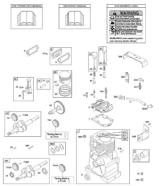 B&S - 09â  093312-1182-B1 C - Veio de excêntricos, cambota, cilindro, cabeça do cilindro, manual do utilizador, êmbolo/segmentos/biela, etiqueta de aviso da marca Stihl