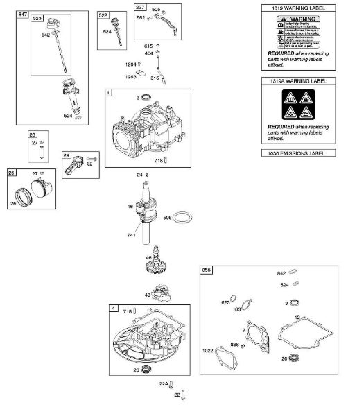 B&S - 09â  09P602-0012-H1 D - Veio de excêntricos, cambota, cilindro, êmbolo/segmentos do êmbolo/biela, cárter, placa de aviso da marca Stihl