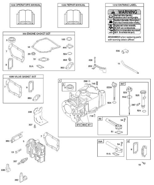 B&S - 10â  10D902-0111-B1 F - Cilindro, cabeça do cilindro, conjuntos de juntas â€“ motor, conjuntos de juntas â€“ válvula, lubrificação, manual do utilizador, etiqueta de aviso da marca Stihl
