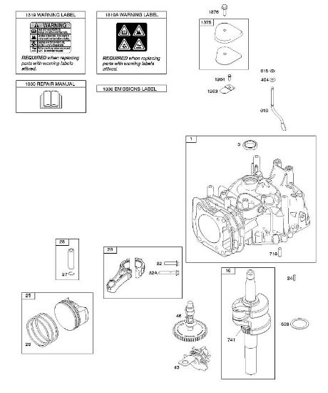 B&S - 12â  122Q02-0146-B1 C - Veio de excêntricos, cambota, cilindro, manual do utilizador, êmbolo/segmentos/biela, etiqueta de aviso da marca Stihl