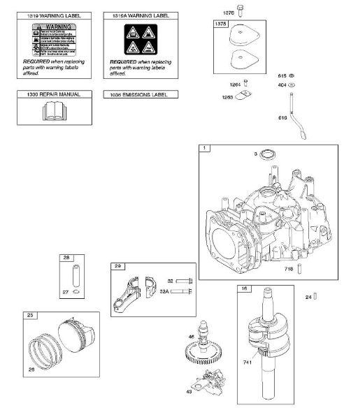 B&S - 12â  12Q902-0154-B1 D - Veio de excêntricos, cambota, cilindro, manual do utilizador, êmbolo/segmentos/biela, etiqueta de aviso da marca Stihl
