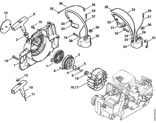 Moto-serras a gasolina (MS) 017 C Dispositivo de arranque, Sistema de ignição da marca Stihl