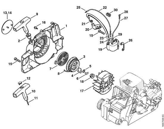 Moto-serras a gasolina (MS) 018 Dispositivo de arranque, Sistema de ignição da marca Stihl