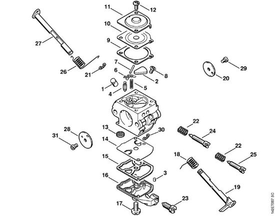 Moto-serras a gasolina (MS) 020 T Carburador C1Q-S16 020 T (17.1999) da marca Stihl