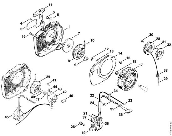 Moto-serras a gasolina (MS) 028 W Dispositivo de arranque (Trinquete), Sistema de ignição (Electrónica) da marca Stihl
