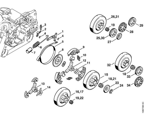 Moto-serras a gasolina (MS) 034 S Freio da corrente, Embreagem da marca Stihl