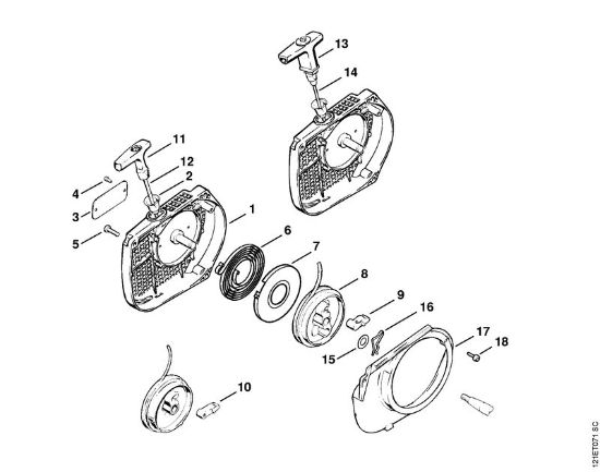 Moto-serras a gasolina (MS) 038 FB Dispositivo de arranque da marca Stihl