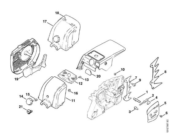 Moto-serras a gasolina (MS) 038 FB Dispositivo tensor da corrente, Tampa da caixa do carburador da marca Stihl