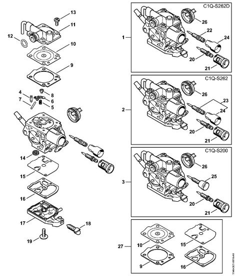 Moto-serras a gasolina (MS) MS 150 C-E Carburador C1Q-S262, C1Q-S200 da marca Stihl