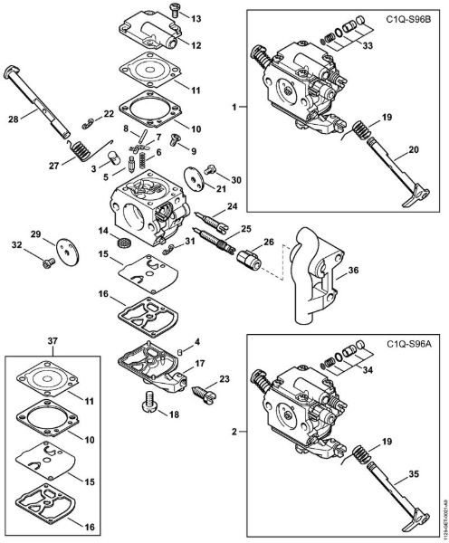 Moto-serras a gasolina (MS) MS 200 Carburador C1Q-S96 (41.2006), (19.2008) da marca Stihl