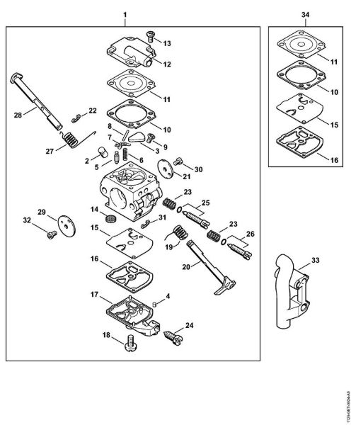 Moto-serras a gasolina (MS) MS 200 T Carburador C1Q-S32 (20.2003), (41.2006) da marca Stihl