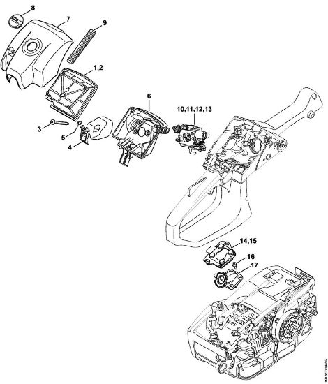 Moto-serras a gasolina (MS) MS 201 Filtro de ar, Tampa da caixa do carburador da marca Stihl