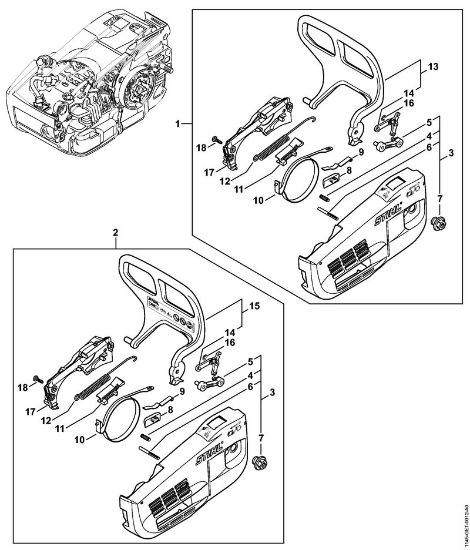 Moto-serras a gasolina (MS) MS 201 TC-E Tampa do carreto, Protecção da mão da marca Stihl