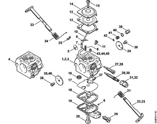 Moto-serras a gasolina (MS) MS 210 C-BE Carburador C1QÂ­S89, -S90, -S102, -S106 da marca Stihl