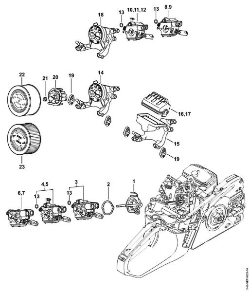 Moto-serras a gasolina (MS) MS 231 Suporte do carburador, Filtro de ar da marca Stihl