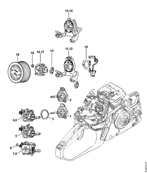 Moto-serras a gasolina (MS) MS 241 C-M VW Suporte do carburador, Filtro de ar da marca Stihl