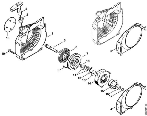 Moto-serras a gasolina (MS) MS 250 C-BE Caixa do ventilador com dispositivo de arranque da marca Stihl
