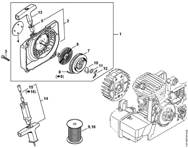 Moto-serras a gasolina (MS) MS 290-Z Caixa do ventilador com dispositivo de arranque da marca Stihl