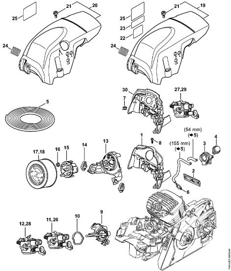 Moto-serras a gasolina (MS) MS 291 C-BE Condução de ar, Suporte do carburador, Cobertura da marca Stihl