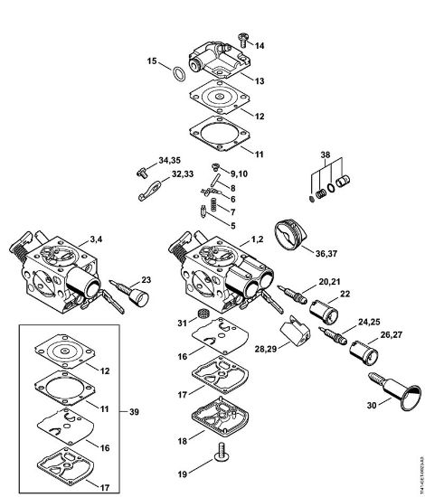 Moto-serras a gasolina (MS) MS 291 C-BEQ Carburador C1Q-S247, C1Q-S253, C1Q-S212, C1Q-S179 da marca Stihl
