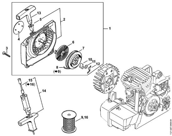 Moto-serras a gasolina (MS) MS 310 Caixa do ventilador com dispositivo de arranque da marca Stihl