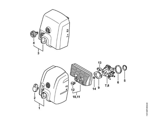 Moto-serras a gasolina (MS) MS 310 Tampa da caixa do carburador, Filtro de ar da marca Stihl