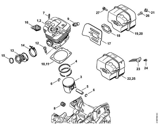 Moto-serras a gasolina (MS) MS 361-N Cilindro, Silenciador da marca Stihl