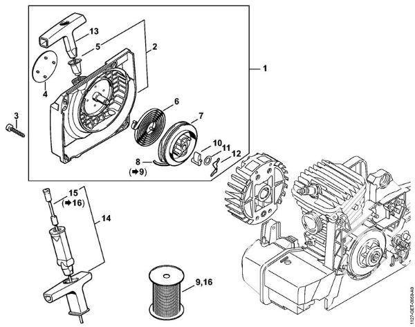 Moto-serras a gasolina (MS) MS 390 Caixa do ventilador com dispositivo de arranque da marca Stihl