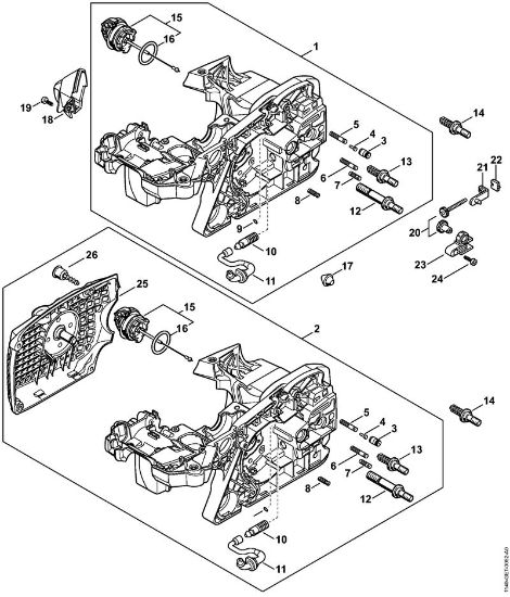 Moto-serras a gasolina (MS) MS 391 Cárter do motor, Dispositivo tensor da corrente da marca Stihl