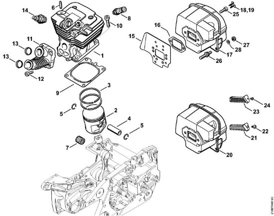 Moto-serras a gasolina (MS) MS 441 C-M W Cilindro, Silenciador da marca Stihl