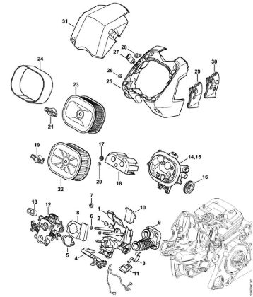 Moto-serras a gasolina (MS) MS 441 C-Q Suporte do carburador, Filtro de ar da marca Stihl