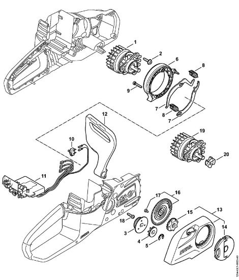 Moto-serras alimentadas a bateria (MSA) MSA 140 C-B Motor eléctrico, Módulo electrónico, Tampa do carreto da Numero da máquina 443746234 da marca Stihl