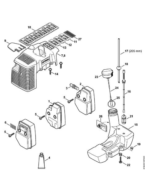Foices a motor (FS) FS 120 Silenciador, Cobertura, Depósito de combustível   809 249 646 (10.2016) da marca Stihl