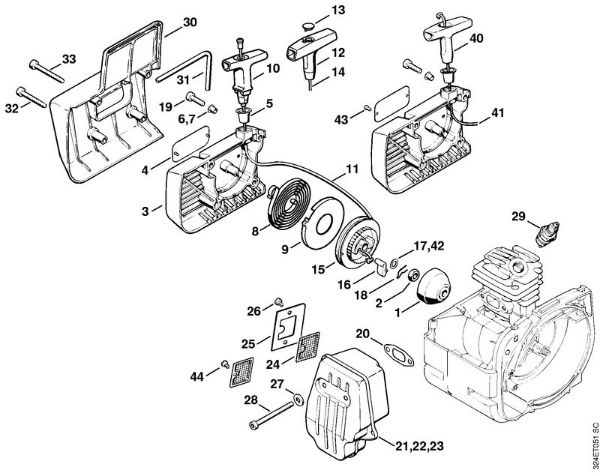 Foices a motor (FS) FS 220 K Dispositivo de arranque, Silenciador da marca Stihl