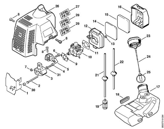 Foices a motor (FS) FS 72 R Filtro de ar, Tanque de combustível da marca Stihl