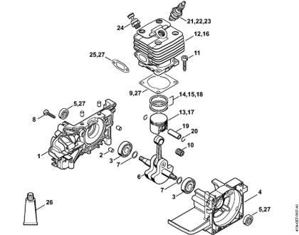 Foices a motor portáteis nas costas (FR) FR 480 (4128) Caixa da cambota, Cilindro FR 350 da marca Stihl