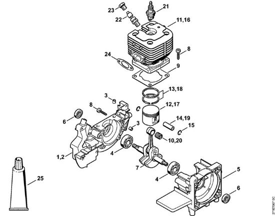 Foices a motor portáteis nas costas (FR) FR 480 (4128) Caixa da cambota, Cilindro FR 450, 480 da marca Stihl