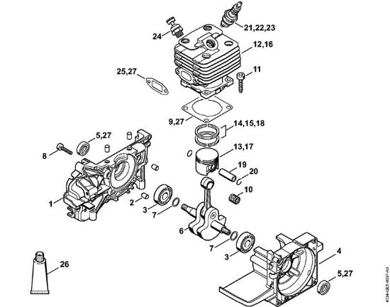 Foices a motor portáteis nas costas (FR) FR 480 C-F (4128) Caixa da cambota, Cilindro FR 350 da marca Stihl
