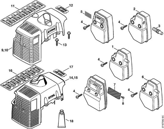 Foices a motor portáteis nas costas (FR) FR 480 C-F (4128) Silenciador, Cobertura da marca Stihl