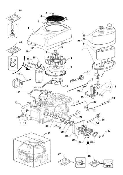 Starter, carburetor and air filter OM 98L/14,5 K H Cat. 2018 Garden tractor