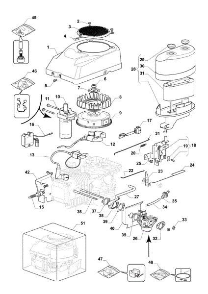 Starter, carburettor and air filter OM 84/14,5 K H Cat. 2023 Garden tractor